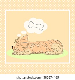 Vector flat dog.Cute small dog sleeping and dreaming of a bone. Cute  lap-dog puppy 