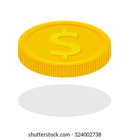 Vector flat dollar coin icon with shadow in perspective on white background