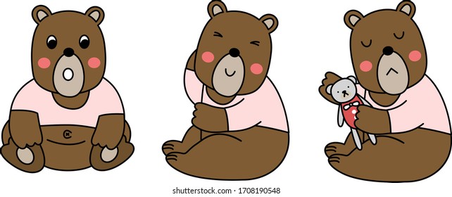 Vector of flat doodle cartoon character design of three styles of big brown bear in sweet pink crop shirt and the little gray bear doll, a wild life animal in the forest the precious life of nature
