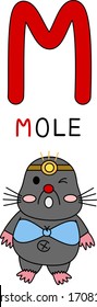 Vector of flat doodle cartoon character design of capital letter M Mole the animal in blue bikini and the flashlights, a small mammals near the house with large paw the professional of digging soil
