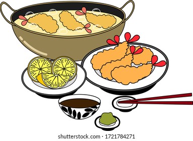 Vector of flat doodle character design illustration of hot dish of Japanese food tempura shrimp, we can eat with shoyu sauce, lemon and wasabi
