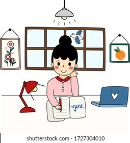 Vector of flat doodle character design illustration of the girl work from home in her room during Covid-19 Coronavirus disease
