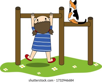 Vector of flat doodle character design illustration of little girl playing trapeze with 3 colored cat on playground
