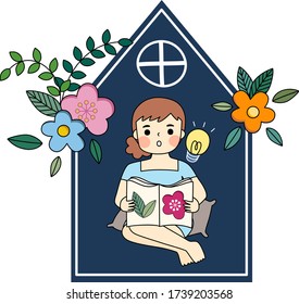 Vector of flat doodle character design illustration of the girl work from home in her room during Covid-19 Coronavirus disease among botanical and floral plant
