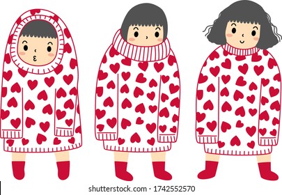 Vector of flat doodle character design illustration of steps of cute girl wears red heart sweater and boots
