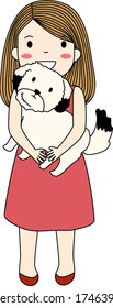 Vector of flat doodle character design illustration of cute girl in pink dress hold her lovely white dog
