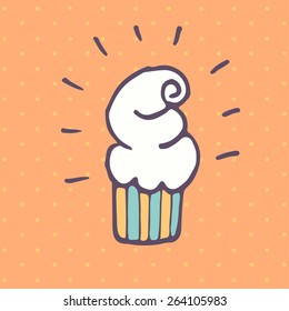 Vector flat doodle cupcake icon isolated on retro background