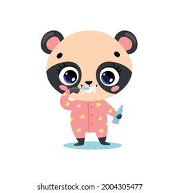Vector flat doodle cute cartoon baby panda bear brushing teeth. Animals brush their teeth.