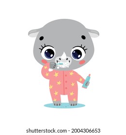 Vector flat doodle cute cartoon baby rhino brushing teeth. Animals brush their teeth.