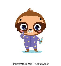 Vector flat doodle cute cartoon baby sloth brushing teeth. Animals brush their teeth.