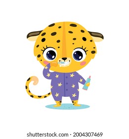 Vector flat doodle cute cartoon baby leopard brushing teeth. Animals brush their teeth.