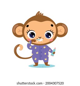 Vector Flat Doodle Cute Cartoon Baby Monkey Brushing Teeth. Animals Brush Their Teeth.