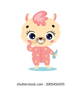 Vector flat doodle cute cartoon baby llama brushing teeth. Animals brush their teeth.