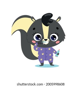 Vector flat doodle cute cartoon baby skunk brushing teeth. Animals brush their teeth.