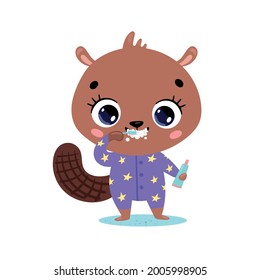 Vector flat doodle cute cartoon baby beaver brushing teeth. Animals brush their teeth.