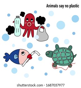 vector of flat doodle design cute character of marine animal live in the deep sea oean with the plastic gabage and it's very sad for thier life; turtle; fish; octopus; squid illustration background 