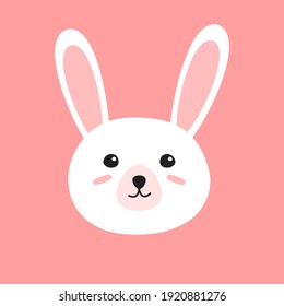 Vector Flat Doodle Hand Drawn White Rabbit Bunny Face Isolated On Pink Background