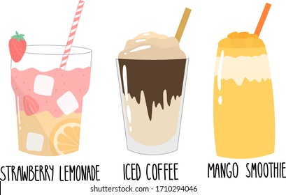 Vector flat doodle illustration cold drinks. Summer colection: strawberry lemonade,iced coffee,mango smoothie. For card,poster. 