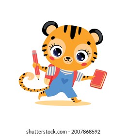 Vector Flat Doodle Illustration Of A Cute Cartoon Tiger Going To School. Animals Back To School