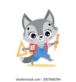 Dibujo de un doodle plano vectorial de un lobo de dibujos animados que va a la escuela. Animales de vuelta a la escuela