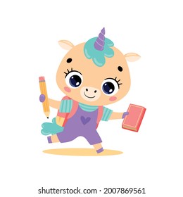 Vector flat doodle illustration of cute cartoon pony unicorn going to school. Animals back to school