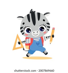 Vector flat doodle illustration of cute cartoon zebra going to school. Animals back to school