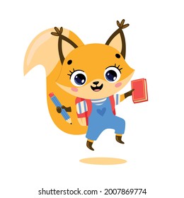 Vector flat doodle illustration of a cute cartoon squirrel going to school. Animals back to school