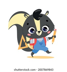 Vector flat doodle illustration of a cute cartoon skunk going to school. Animals back to school