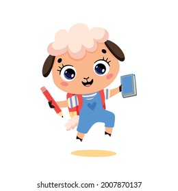 Vector flat doodle illustration of a cute cartoon sheep going to school. Animals back to school
