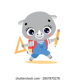 Vector flat doodle illustration of a cute cartoon rhino going to school. Animals back to school