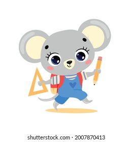 Vector flat doodle illustration of a cute cartoon mouse going to school. Animals back to school