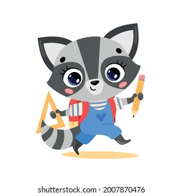 Vector Flat Doodle Illustration Of A Cute Cartoon Raccoon Going To School. Animals Back To School