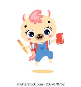 Vector flat doodle illustration of a cute cartoon llama going to school. Animals back to school