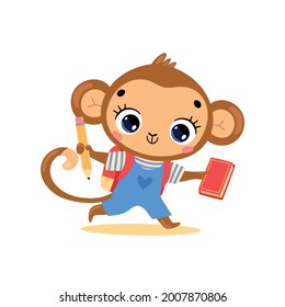 Vector flat doodle illustration of a cute cartoon monkey going to school. Animals back to school