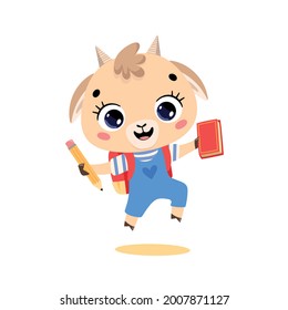 Vector flat doodle illustration of a cute cartoon goat going to school. Animals back to school
