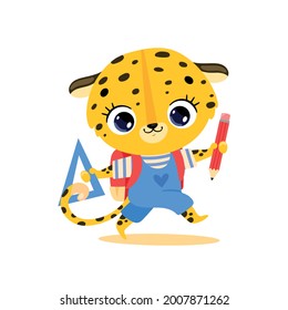 Vector Flat Doodle Illustration Of Cute Cartoon Leopard Goes To School. Animals Back To School