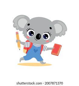 Vector flat doodle illustration of cute cartoon koala going to school. Animals back to school