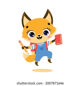 Vector Flat Doodle Illustration Of A Cute Cartoon Fox Going To School. Animals Back To School