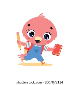 Vector flat doodle illustration of a cute cartoon flamingo bird going to school. Animals back to school
