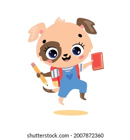 Vector flat doodle illustration of a cute cartoon dog puppy going to school. Animals back to school