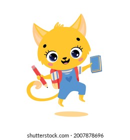 Vector flat doodle illustration of a cute cartoon cat goes to school. Animals back to school