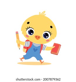 Dibujo vectorial plano de doodle de una linda caricatura de pollo yendo a la escuela. Animales de vuelta a la escuela