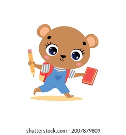 Vector flat doodle illustration of a cute cartoon bear going to school. Animals back to school