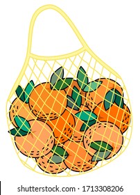 Vector of flat doodle illustration design of Mesh Shopping bag of 1 kilogram organic orange fruit the result from natural. Round food image.
