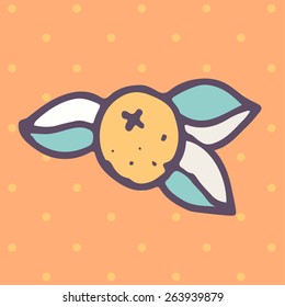 Vector flat doodle orange fruit with leaves. Eps10