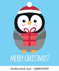 Pingüino de doodle plano vectorial con Navidad presente y alegre aislado en fondo azul