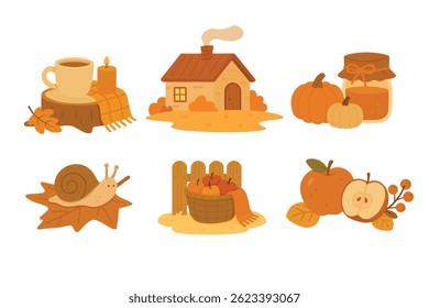 Vector flat doodle set of autumn objects like house, apples, pumpkins, tea, snail, leaves.