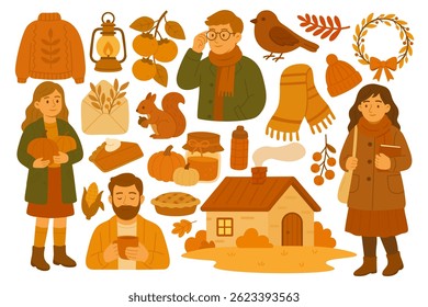 Vector flat doodle set with autumn people, cozy clothes, food, house, animals and decorations.