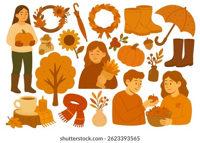 Vector flat doodle set with autumn characters, pumpkins, apples, trees, wreaths and cozy objects.