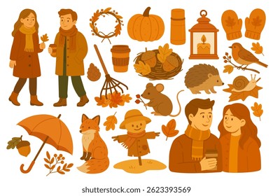 Vector flat doodle set with autumn people, forest animals, leaves, clothing and seasonal elements.